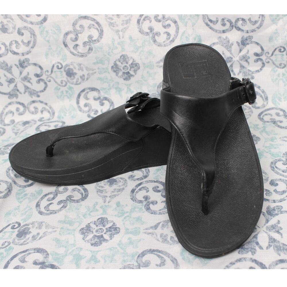 Fitflop The Skinny Women's Size US 6 Black Leather Thong Sandals Shoes B28-090 - Picture 2 of 8